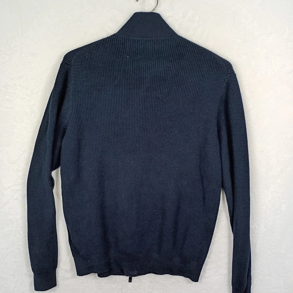 Massimo Dutti Mens XL Extrafine Cotton Navy Waffle Knit‎ Full Zip Sweater Collar